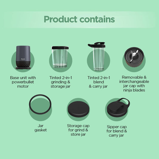 Preethi MiniBlend - Compact Blender & Juicer for Lump Free Purees & Smoothies | 25,000 RPM | Two Razor sharp Ninja blades, Two Leak-proof Jars with Sipper & Storage Lids | Free Lifelong Service
