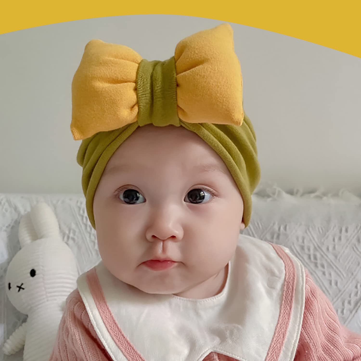 SYGA Plaid Bow Knot Turban Hat for New Born Baby Cap Streachable Toddler Infant Baby Head Wear Hats 0-4 Years (Light Gray (Pink Bow))