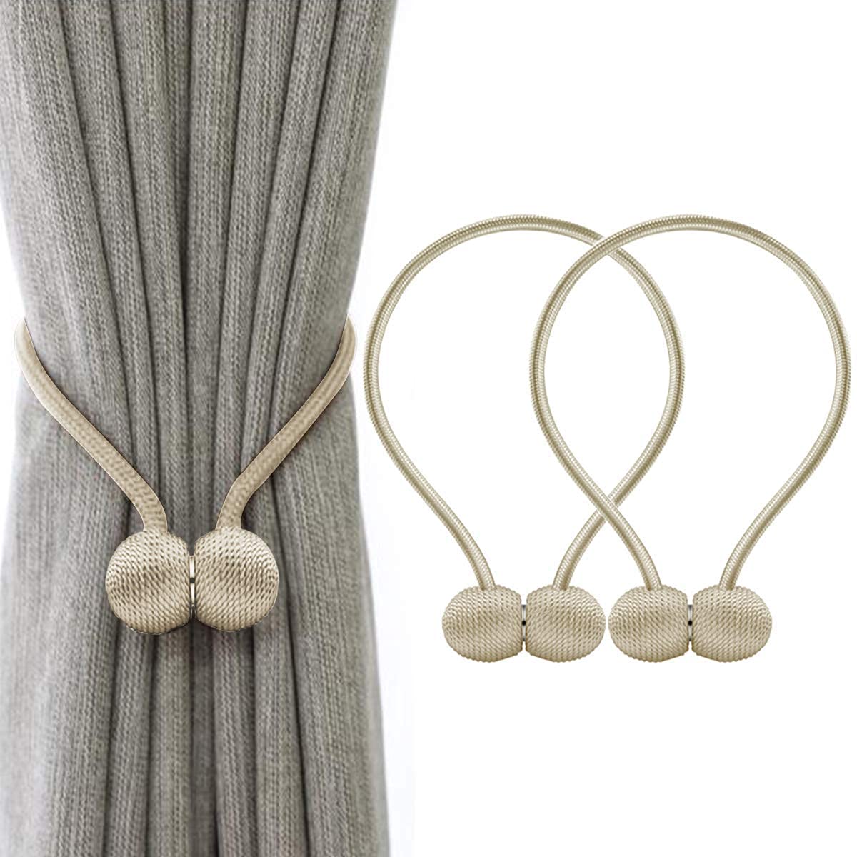 Syga 2Pcs Curtain Tiebacks 46cm Curtain Clip Rope Holdbacks Classy Decorative Pearl Holder Buckles for Home Hotel Window Draperies Rope Ties Office Living Bedroom Decoration- Pack of 2, Beige