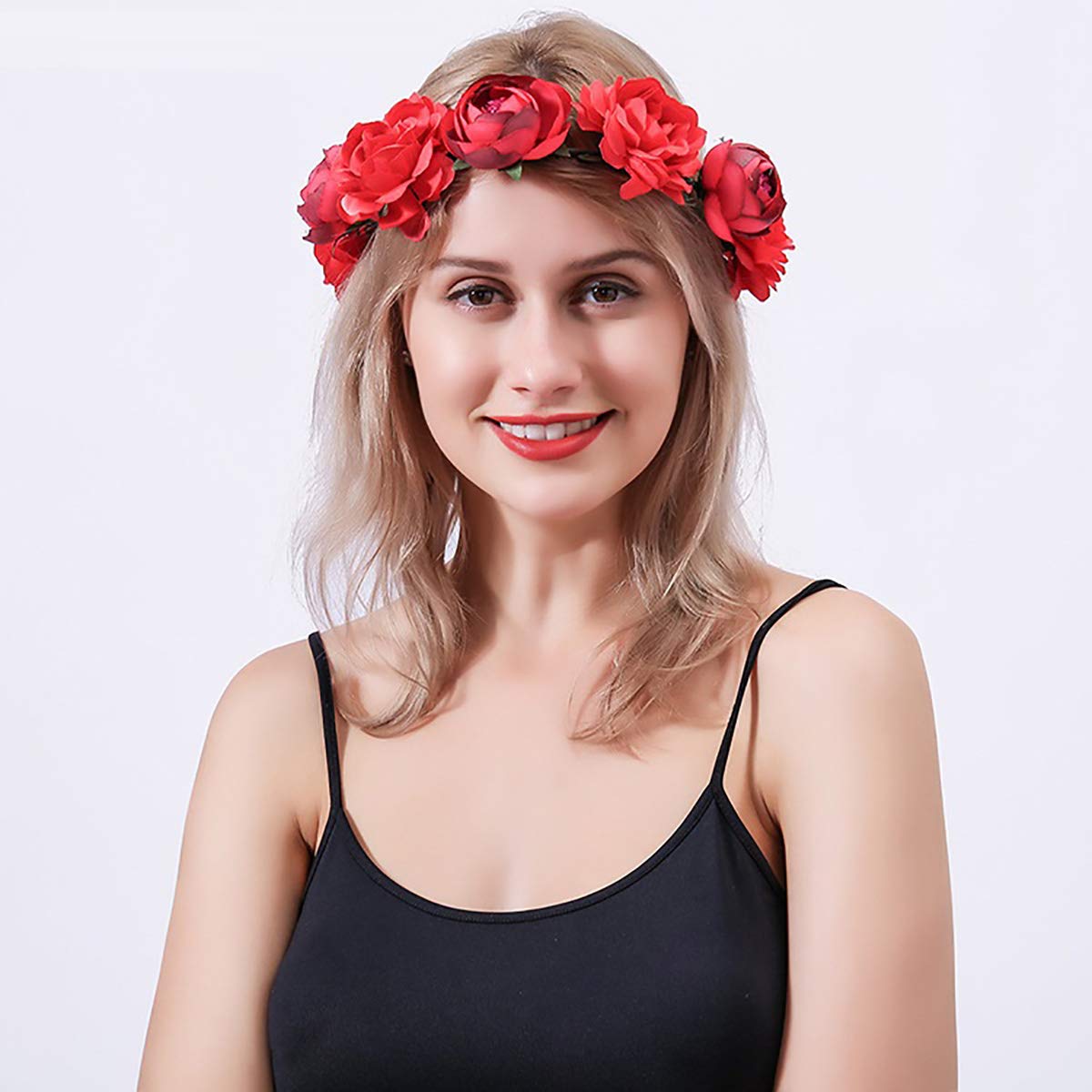 SYGA Women Silk Rose Floral Crown Hair Wreath Leave Flower Headband Tiara with Adjustable Ribbon for Girls, Pack of 1 - Blue