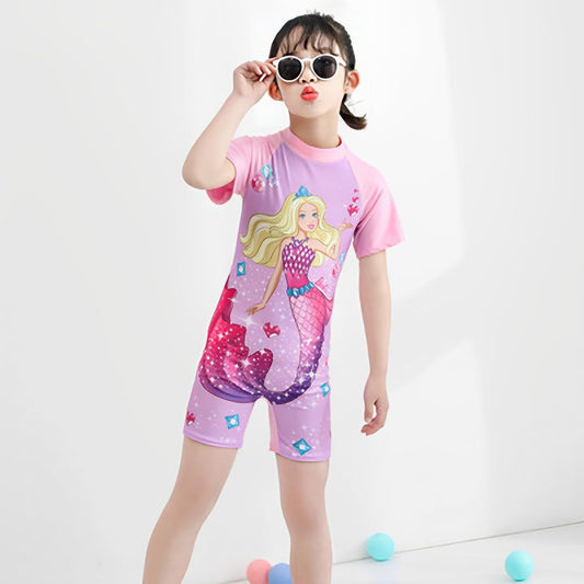 SYGA Children's Swimsuit Short Sleeve Barbie Mermaid-M Size Perfect for Kids Age 3-4 Years Old (Purple)
