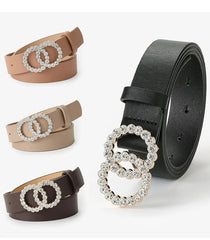 SYGA PU Leather Belt Rhinestone Waist Round Buckle Belt - Black
