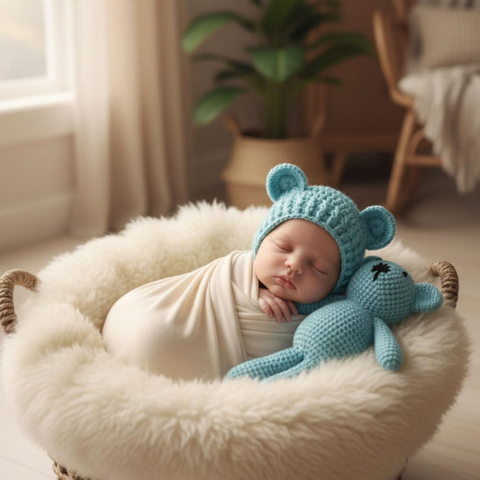 MOMISY Newborn Baby Photography Props Costume with Wool Cap (Teddy Blue, 0-6M)
