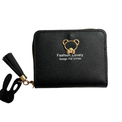 SYGA Women's Leather Wallet Short Cute Bear Tassel Coin Purse Zipper Bag(Black)