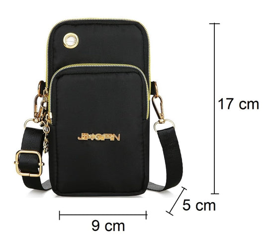 MOMISY Small Cross Body Bag, Multifunction 3 Layer Mini Shoulder Bag Phone Purse Armband with Headphone Port for Teens Girls Ladies Women (Black)