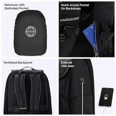 HARISSONS Carbon 15.6 Inch Business Travel Laptop Backpack | Anti-Theft Pocket, Rain Cover & External USB Gate | 30L Durable Work + Travel Backpack for Men | Black