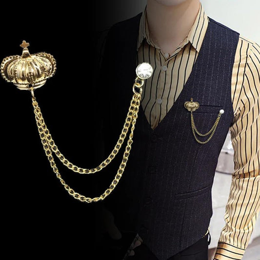 SYGA Men's & Women Suit Shirt Stud Lapel Pin Chain Tassel Brooch Pin with Crystal Chain(New Golden Crown)