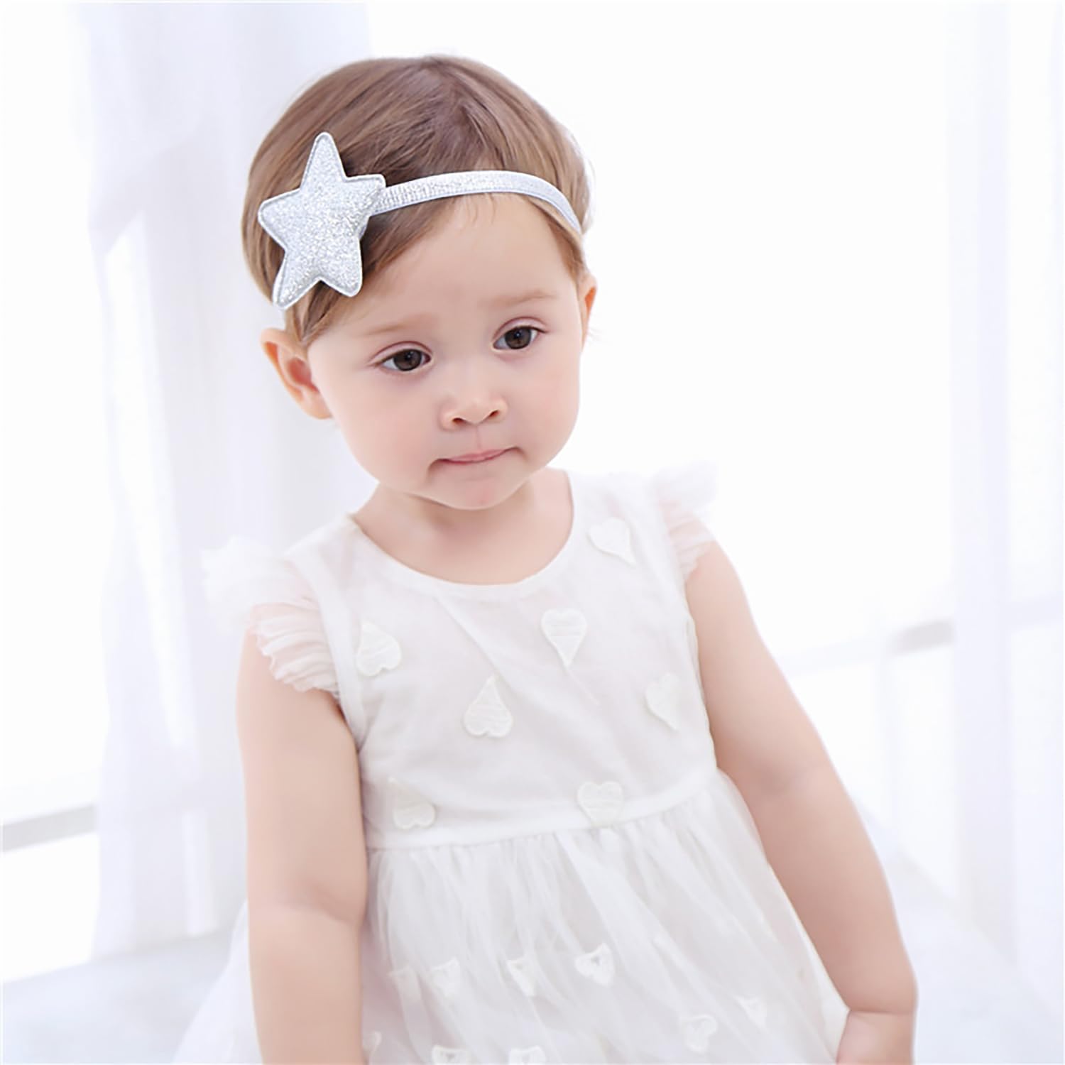 SYGA Baby Girl's Glittery Star Headband Soft & Stretchable Fabric Hairband for Infants, Toddlers Little Princesses (0-3 Years Silver)