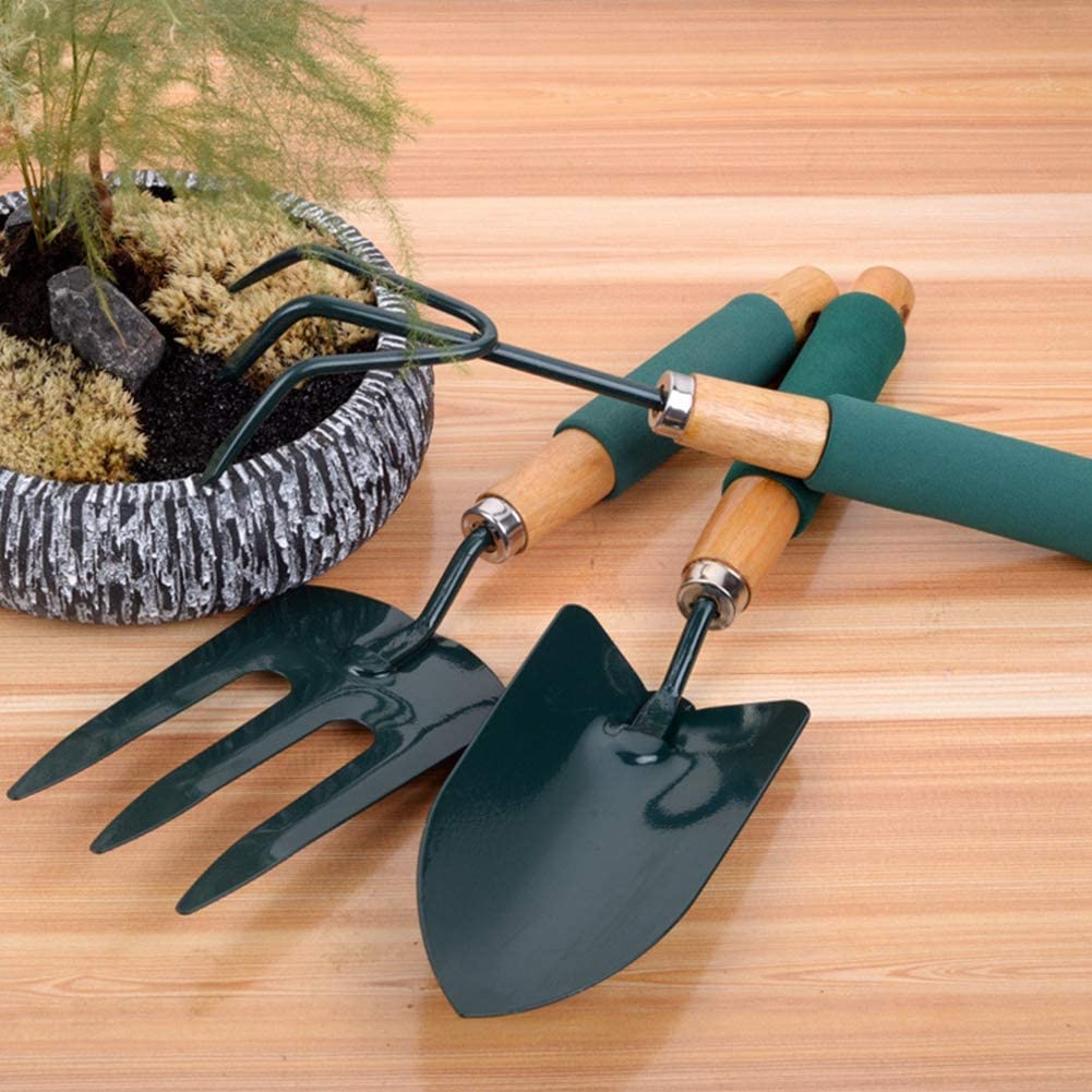 SYGA 3Pcs Small Garden Tools Set Heavy Duty 1Garden Hands Shovel Trowel 1Claw Rake 1 Plants Fork with Ergonomic Wooden Handle Metal Bonsai Tool Kit for Transplanting and Digging