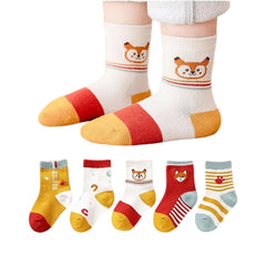 MOMISY 5 Pairs Tube Socks for Kids Toddlers Infant Baby Girl Boys (Cute Fox, 3 Year to 5 Year)