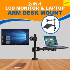 Karomouj Monitor Arm Desk Mount – Ergonomic Dual Monitor Stand with Laptop Tray, Fully Adjustable Heavy-Duty Monitor Mount for Desks, Increases Comfort & Productivity (Black)