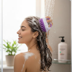 MOMISY Scalp Massager Shampoo Brush, Eco-Friendly Wheat Straw Body With Soft Silicon Bristles, Hair Scalp Scrubber, Scalp Exfoliator | Dandruff Removal (Purple)