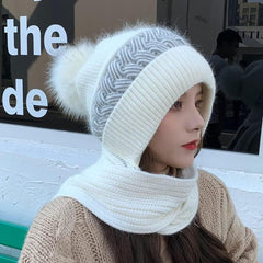 SYGA Women Winter Knitted Warm Hat With Scarf,Ear Protection Pompom Woolen Hat For Adult (White), Free Size