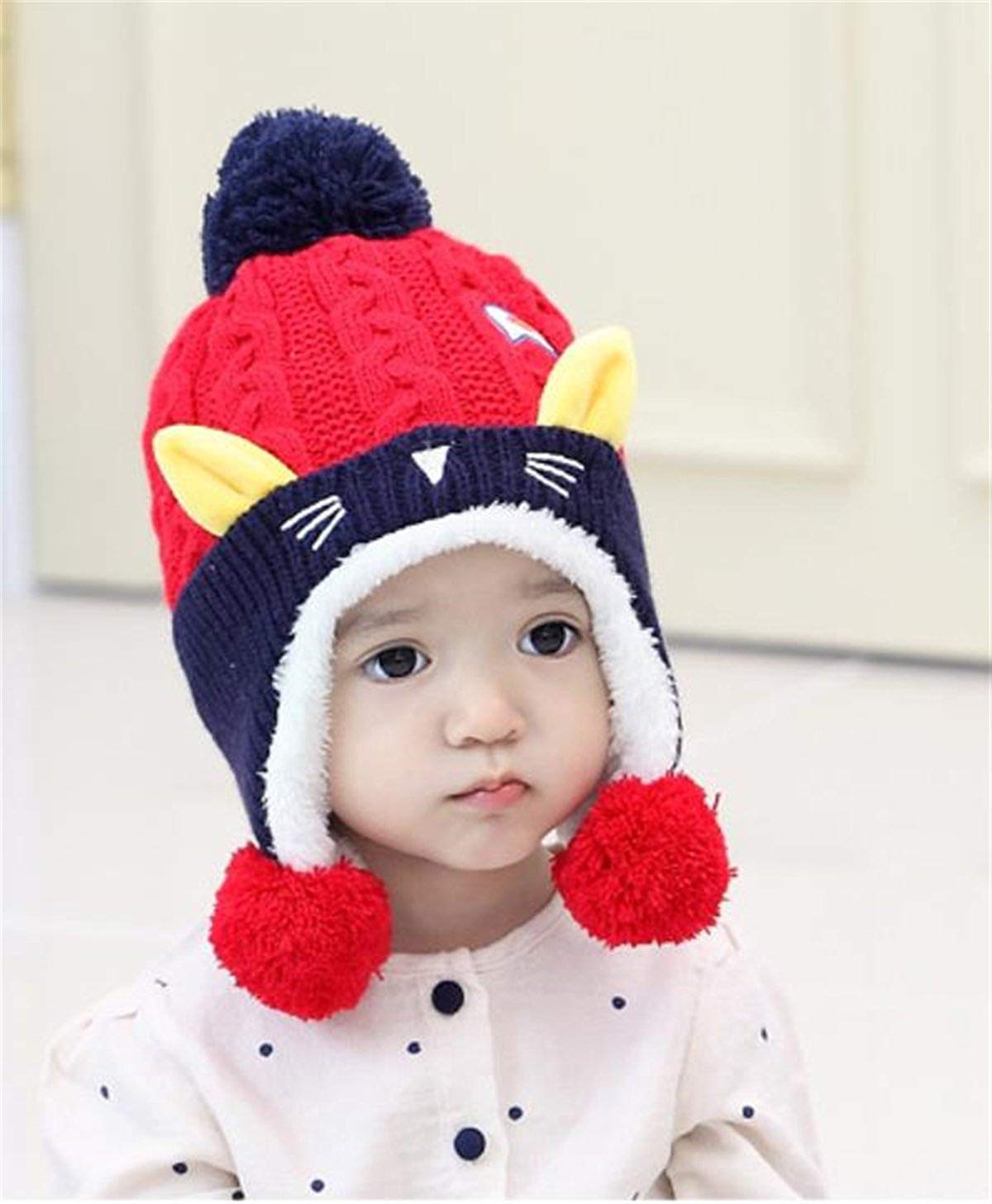 SYGA Winter Cap Ear Proction Beanie Knitted Pompom Baby Cap 2-5 Year Kids Cap Red