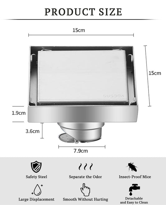 SYGA 304 Stainless Steel Square Shower Room Floor Drain Sanded Finish 15 x 15 cm