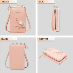 MOMISY Mobile Bag Cellphone Sling Bag Card Holder Wallet Handbag Crossbody multi-function Shoulder Bag for Girls & Women-Embroidery (Light Pink)