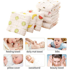 MOMISY 6 Layers Dry Muslin Wash Cloth Organic Cotton Face Towel Handkerchief for Baby New Born/Infants/Toddlers -Printed, Pack of 10, Multicolor