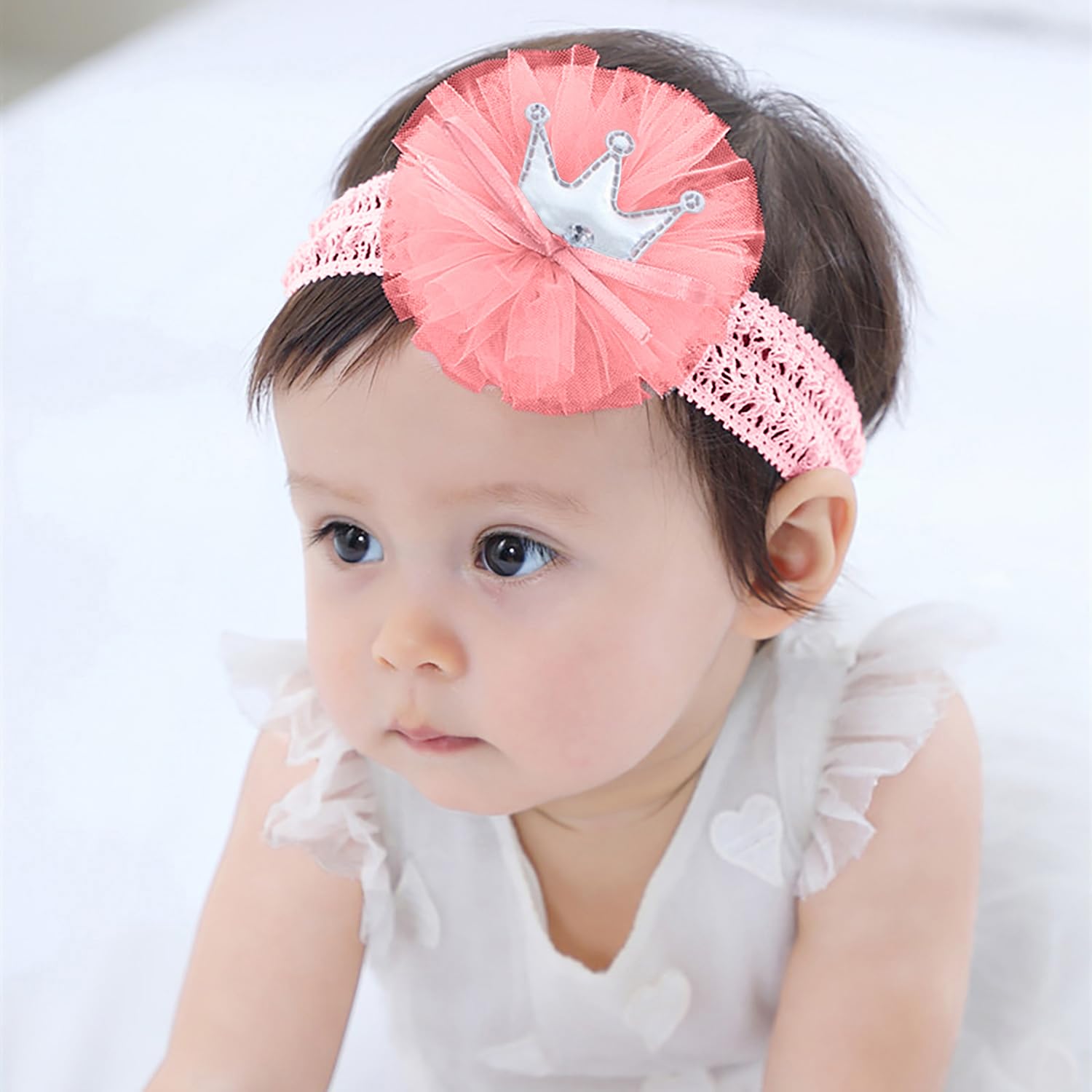 SYGA 3 Pcs Baby Girl Headband Soft Flower Bow Strechable Hairband Suitable For Newborns, Infants, Toddlers and Kids 0-3 Years(Pink Bow/Silver Crown)