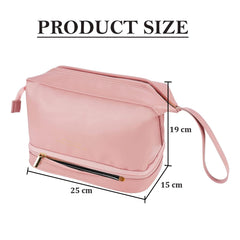MOMISY Large Capacity Cosmetic Travel Bag, Women's Makeup Travel Bag Portable Leather Cosmetics Bag, Makeup Storage Bags with Handle and Divider, Wide Opening Cosmetic/Makeup Organizer (Pink)