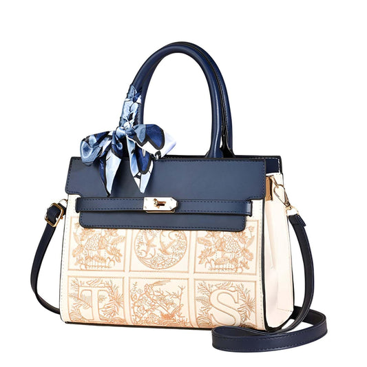 SYGA Women Elegant Contrast Stitch Tote Bag – Handbag with Scarf Accent,