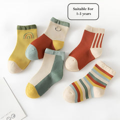 MOMISY 5 Pairs Girl Boys Tube Socks Toddlers Infant Solid Color Boat Spring and Autumn Socks Stretch Baby kids Sock (IN, Age, 12 Months, 3 Years, Rainbow Smiley)
