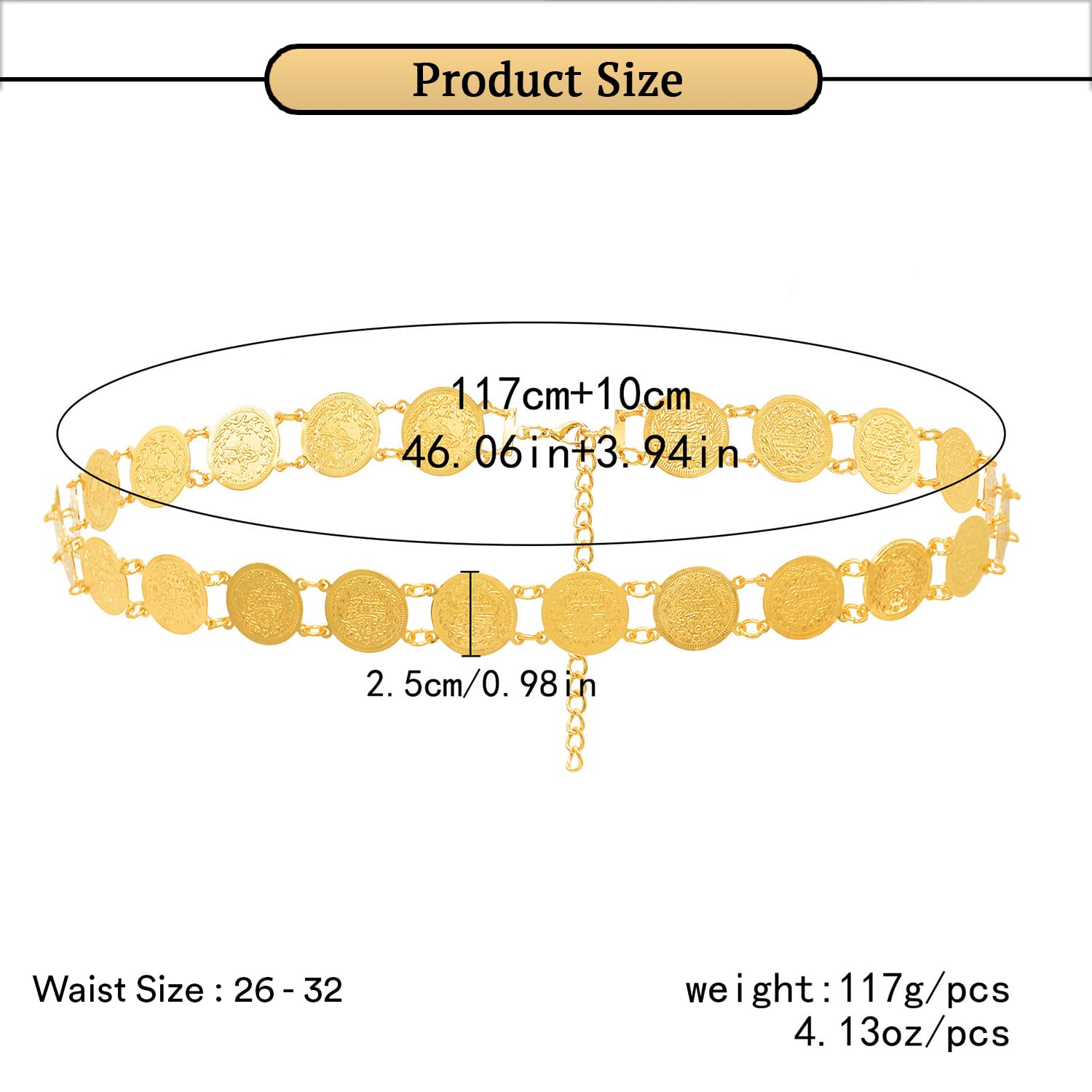 SYGA Women's Cross-Border Ethnic Retro Ring Coin Design Waist Chain Ladies Decorative Belly Dance Metal Belt(Gold)