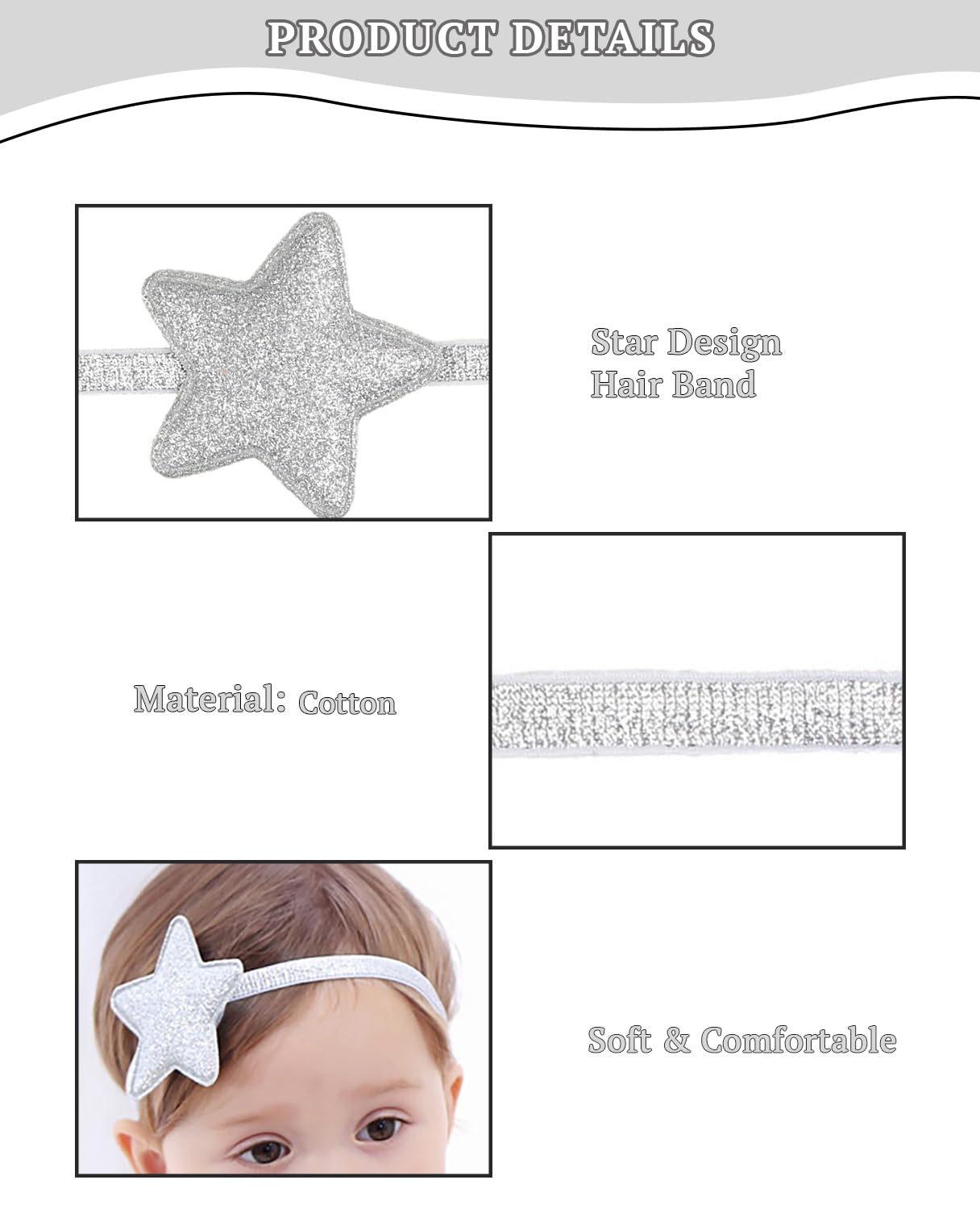 SYGA Baby Girl's Glittery Star Headband Soft & Stretchable Fabric Hairband for Infants, Toddlers Little Princesses (0-3 Years Silver)