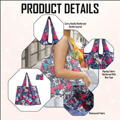 MOMISY Designer Pattern Reusable and Foldable Shopping Bag/Tote Hand bag/Travel Bag/Grocery Bag | Heavy Duty, Eco Friendly | Compact, Lightweight and Convenient (Flower Navy)