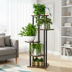STANSY 5 Tier Plant Stand with Wheels | Multi-Layer Metal Flower Shelf for Indoor & Outdoor Use | Heavy-Duty Wooden Laminate Display Stand for Home, Balcony, Living Room(Mocha Brown + Black,106cm)