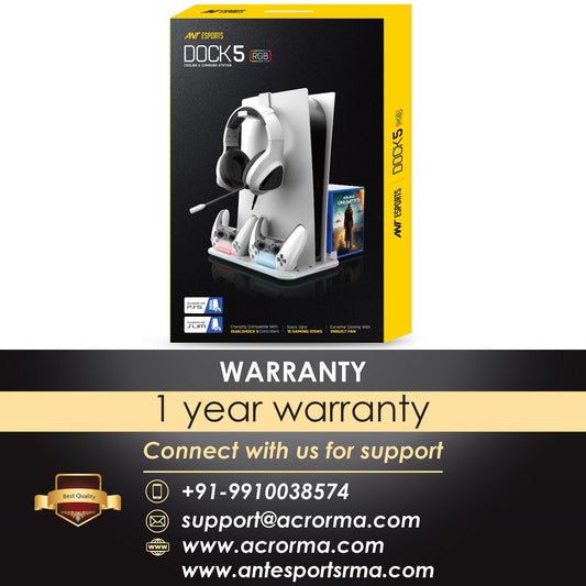 Ant Esports Dock5 RGB with Cooling Fan and Dual Controller Charger Station, PS5 Console Disc & Digital Edition, PS5 Cooling Station Accessories with RGB Light/Headset Holder/6 Game Slots/Screw (White)