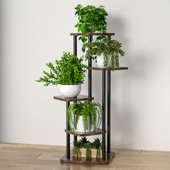 STANSY 5 Tier Plant Stand with Wheels | Multi-Layer Metal Flower Shelf for Indoor & Outdoor Use | Heavy-Duty Wooden Laminate Display Stand for Home, Balcony, Living Room(Mocha Brown + Black,106cm)