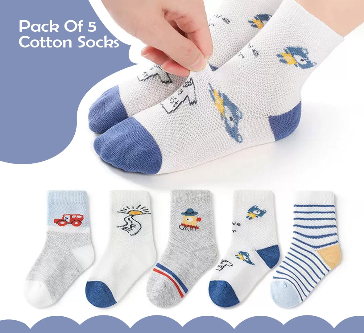 SYGA 5 Pairs Baby Girl & Baby Boy Socks, Toddlers Infant Cotton Stretch Crew Socks with WhiteCar Design, Suitable for 0-2 Years baby