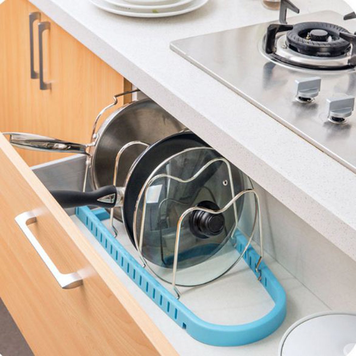 SYGA 3 Layer Adjustable Pantry Pot Lid Kitchen Organizer Bakeware Shelf Storage | Plate Dryer Tray Sink Holder (White) 45cm*24cm
