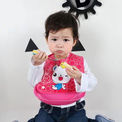 MOMISY Baby Bib For Newborn Waterproof Silicone Apron Wipeable Stain Resistant With pocket For 6 months and up (DarkPink Bear)