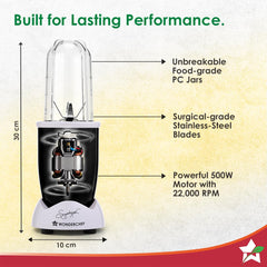 Wonderchef Nutri-blend Activ Mixer Grinder Blender, Smoothie Maker, 500W 22000 RPM 100% Full Copper Motor, 2 Unbreakable Jars, SS Blades, 2 Year Warranty, Recipe book by Chef Sanjeev Kapoor, Black