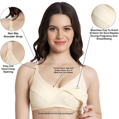 MOMISY Maternity Nursing Bra for Women | Non-Padded Cotton Blend | Wire-Free V-Neck Feeding Bra (Size 36 Beige)
