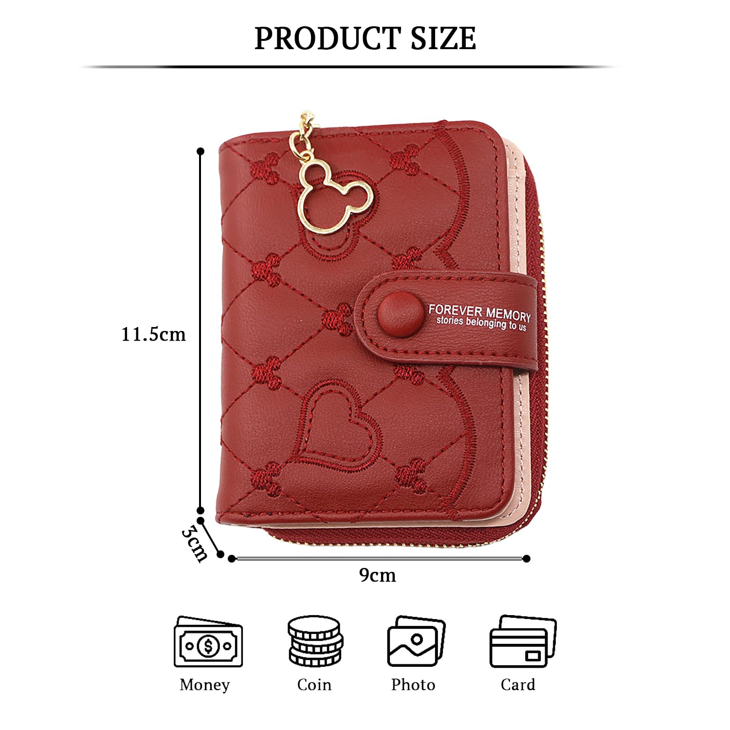 SYGA Women's Short Zipper Buckle Heart Shaped Wallet with Key Chain, Cute for Girls Pu Leather Wallet Coin & Card Purse(Mickey Red)