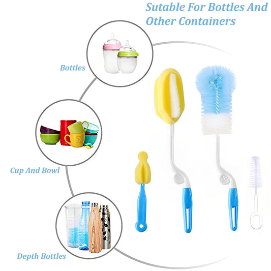 Syga Baby Milk Bottle Nipple Straw Brush Sponge Nylon Cleaning Brush Cleaner Bottle Tong Set (Color May Vary) (4 Pcs)