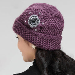 SYGA Winter Warm Hat Women Beautiful Wool Knitted Flowers Decorated Ears Beanie Hat for Adult Women Purple
