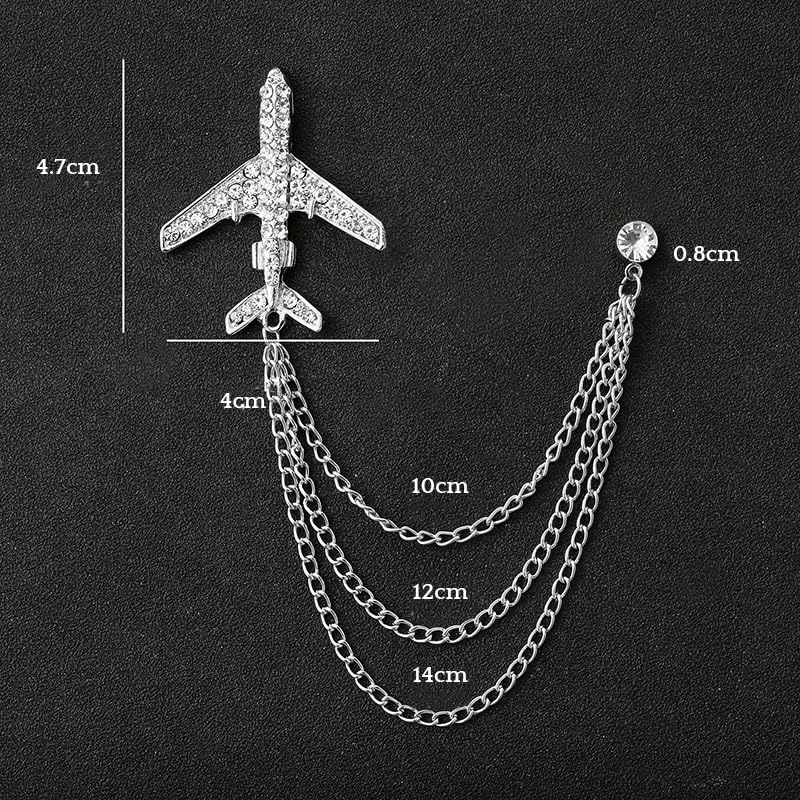 SYGA Men's & Women Suit Shirt Stud Lapel Pin Chain Tassel Brooch Pin with Crystal Chain(silver airplane)