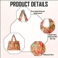 MOMISY Designer Pattern Reusable and Foldable Shopping Bag/Tote Hand bag/Travel Bag/Grocery Bag | Heavy Duty, Eco Friendly | Compact, Lightweight and Convenient (Leaves Beige)