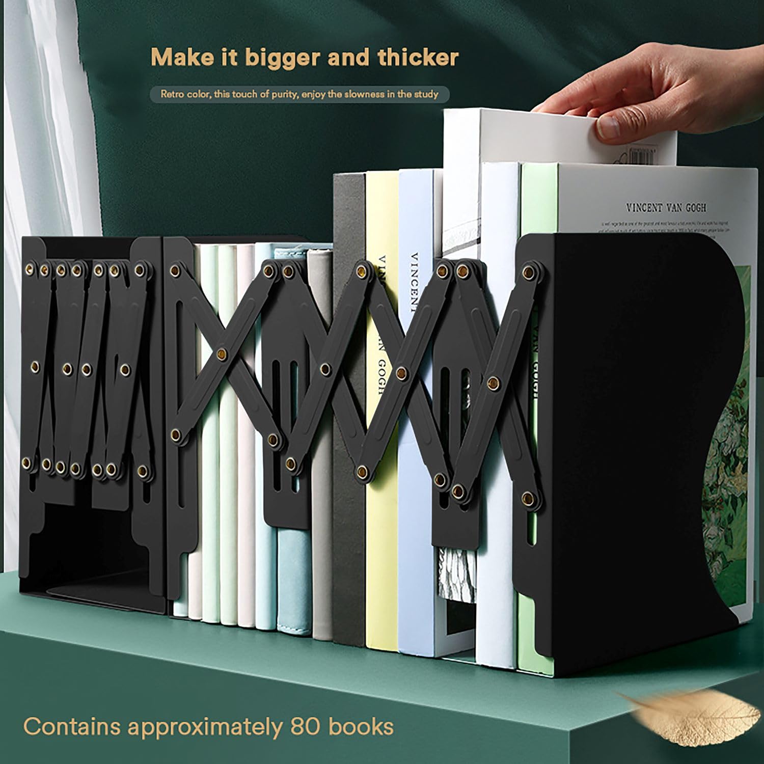 SYGA Bookends for Shelves, Book Organizer for Desk, Metal Bookends for Heavy Books, Book Holders for Shelves, Adjustable Decorative Bookends for Home Office(Black)