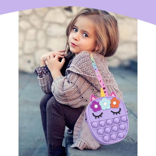 SYGA Children Pop It Fidget 3 Flower Silicone Bag Kids Push Popper Educational Decompression Bubble Shoulder Bag (Dark Pink)