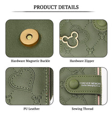 SYGA Women's Short Zipper Buckle Heart Shaped Wallet with Key Chain, Cute for Girls Pu Leather Wallet Coin & Card Purse(Mickey Green)