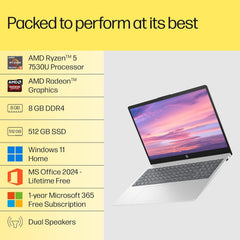 HP 15, Ryzen 5 7530U Laptop (8GB DDR4,512GB SSD) Anti-Glare,15.6''/39.6cm, FHD, Win11, M365 Basic(1yr),Office Home24, Silver,1.59kg, Radeon Graphics, Camera w/Privacy Shutter, fc0388AU