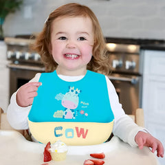 MOMISY Baby Bib For Newborn Waterproof Silicone Apron Wipeable Stain Resistant With pocket For 6 months and up (1, RamaCow)