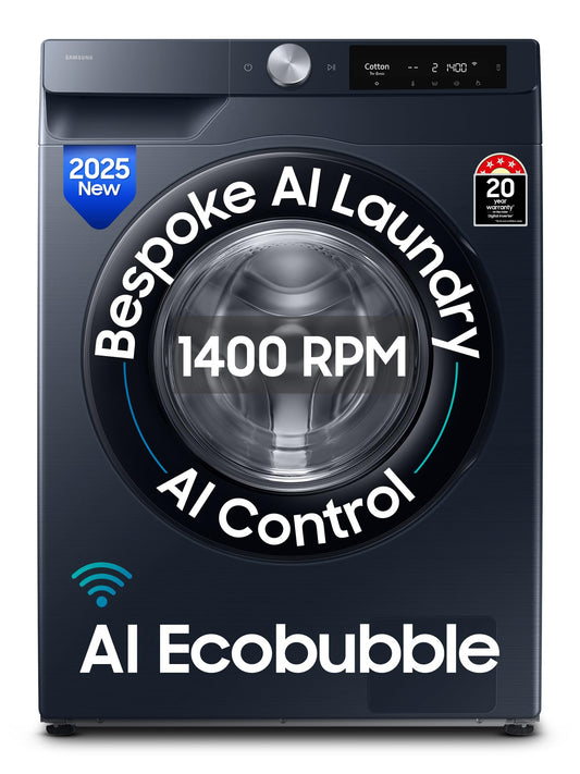 Samsung Smart Choice 9 kg, 5 Star, AI Control, AI Ecobubble, Super Speed, Wi-Fi, Hygiene Steam with Inbuilt Heater, Digital Inverter, Fully-Automatic Front Load Washing Machine (WW90DG6U24ASTL, NAVY)