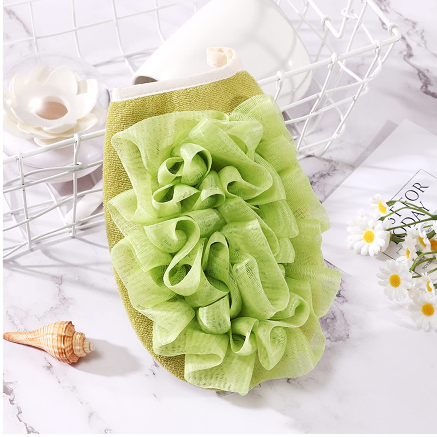 SYGA 2-in-1 Skin-Friendly Bath Towel Flower Scrub Gloves Foaming Clean Bath Sponge Double-Sided Bath Tub Body Shower Scrub (Blue)