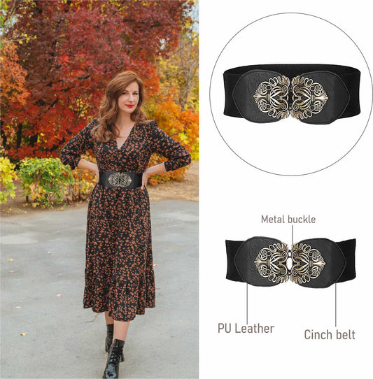 SYGA Women Cinch Belt, PU Leather Stretchy Waist Belt with Floral Metal Buckle, Retro Style - Beige(Fits Waist Size 25-35)