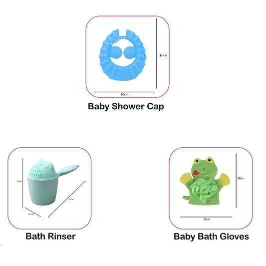 SYGA 1 Green Baby Rinser,1 Blue Shampoo Shower Bath Cap,1 Green Frog Face Cartoon Bathing Gloves,3 Count